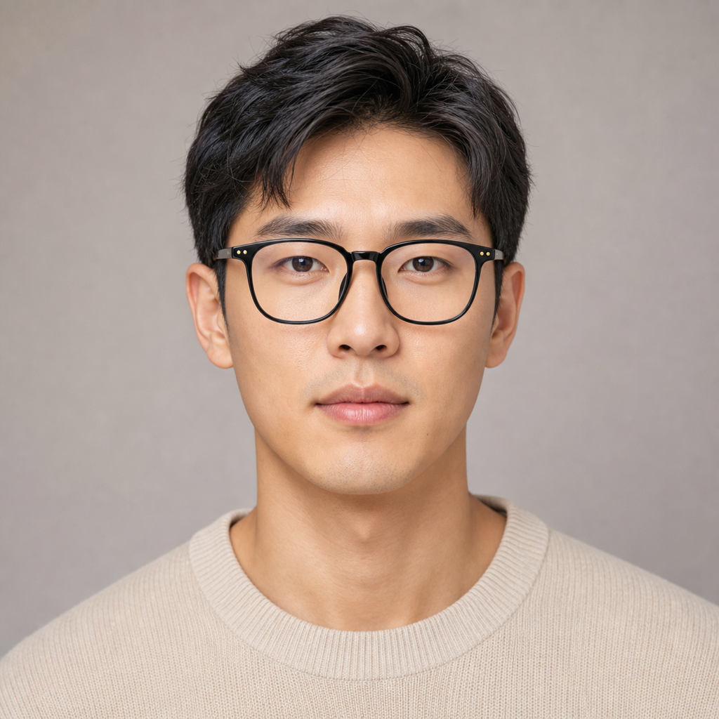 Black unisex ultra-light TR90 softened-square full-rim glasses worn by an adult East Asian man