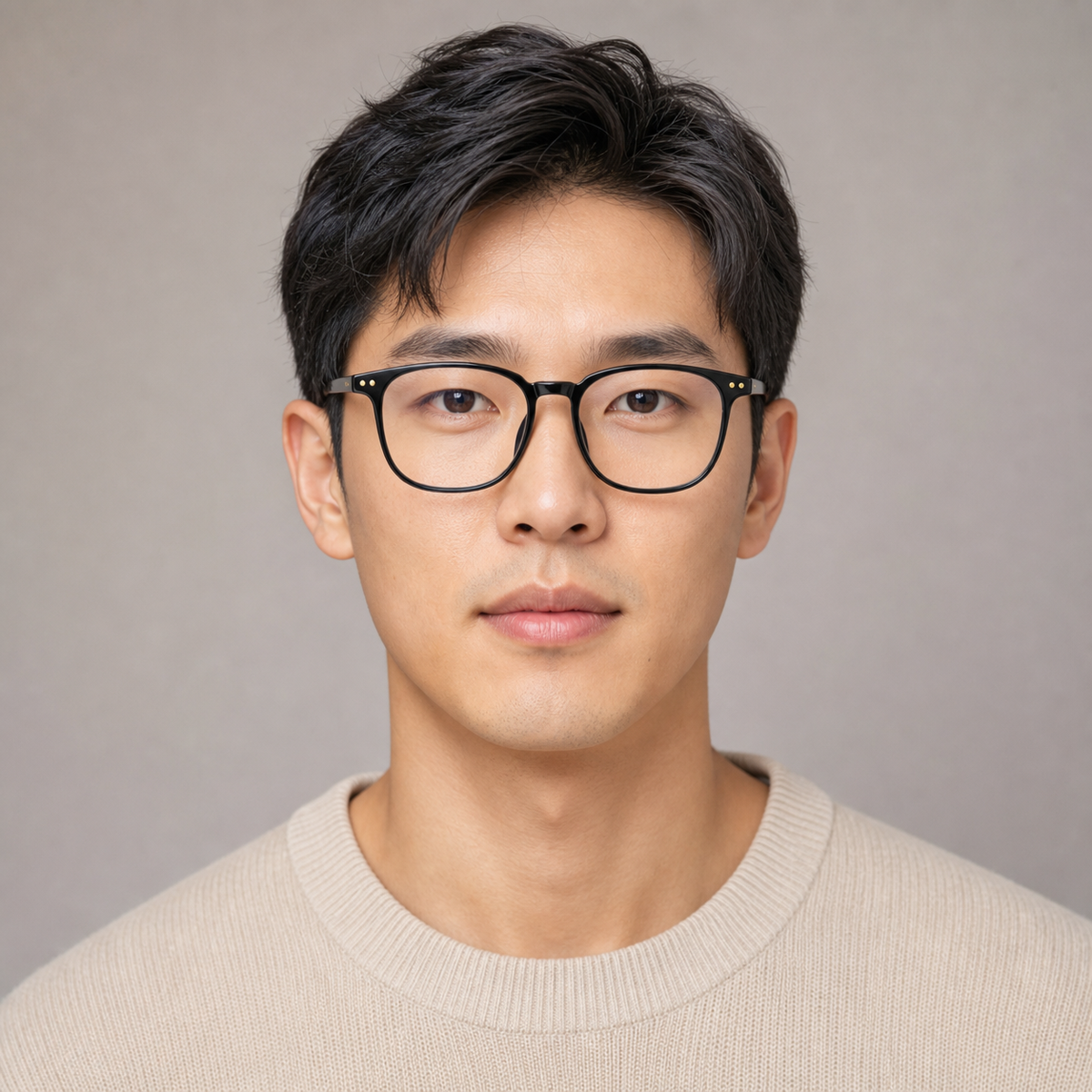 Black unisex ultra-light TR90 softened-square full-rim glasses worn by an adult East Asian man