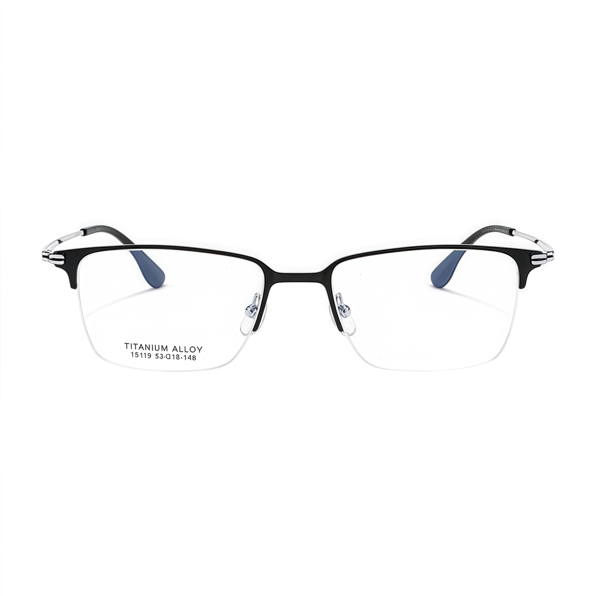 Black vintage classic pure-titanium semi-rimless glasses, front product view