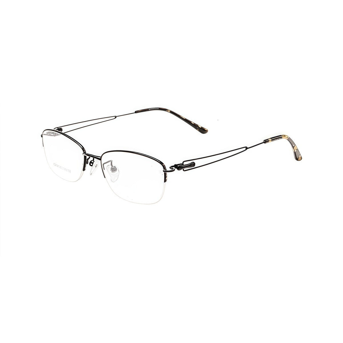 Black elegant lightweight alloy semi-rimless glasses, 45-degree product view