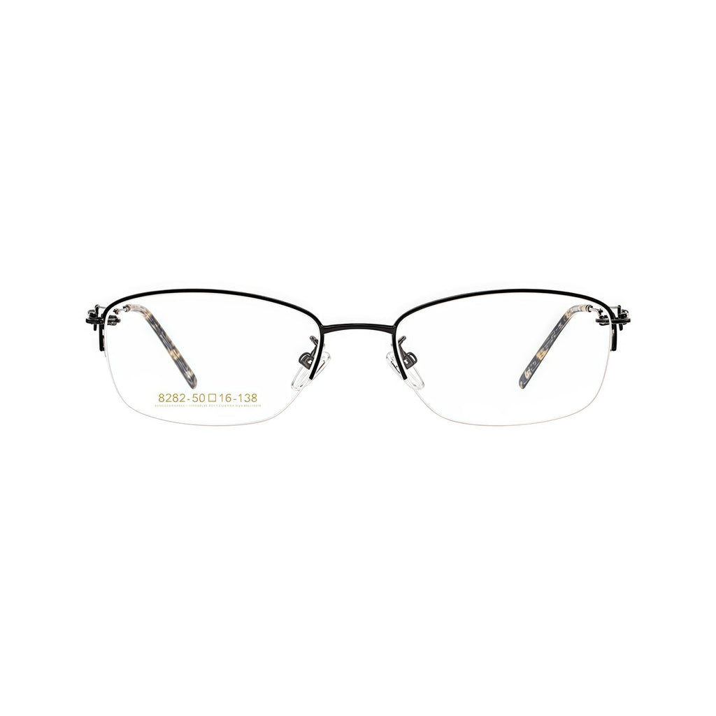 Black elegant lightweight alloy semi-rimless glasses, front product view