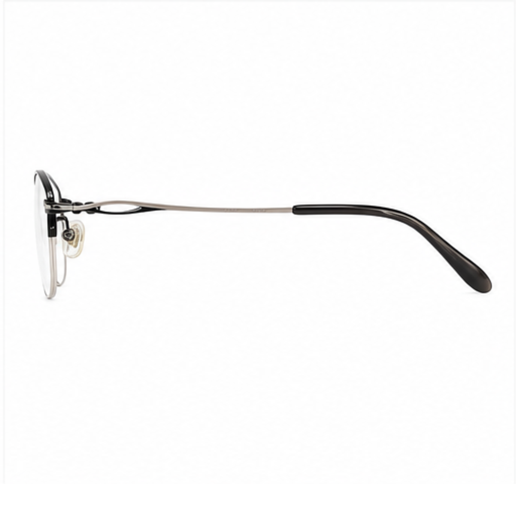 Black women's elegant metal alloy semi-rimless glasses, side-profile product view