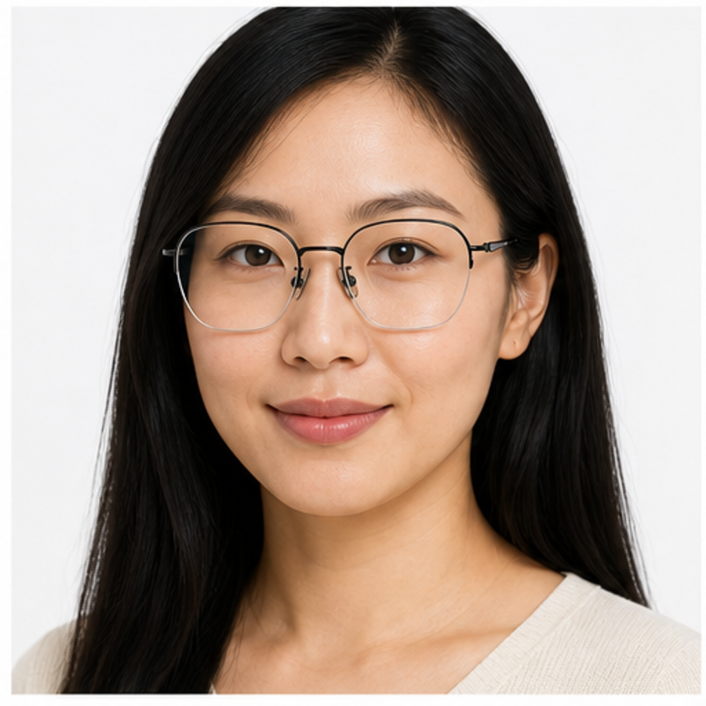 Black women's modern pure titanium semi-rimless glasses worn by an adult East Asian Woman