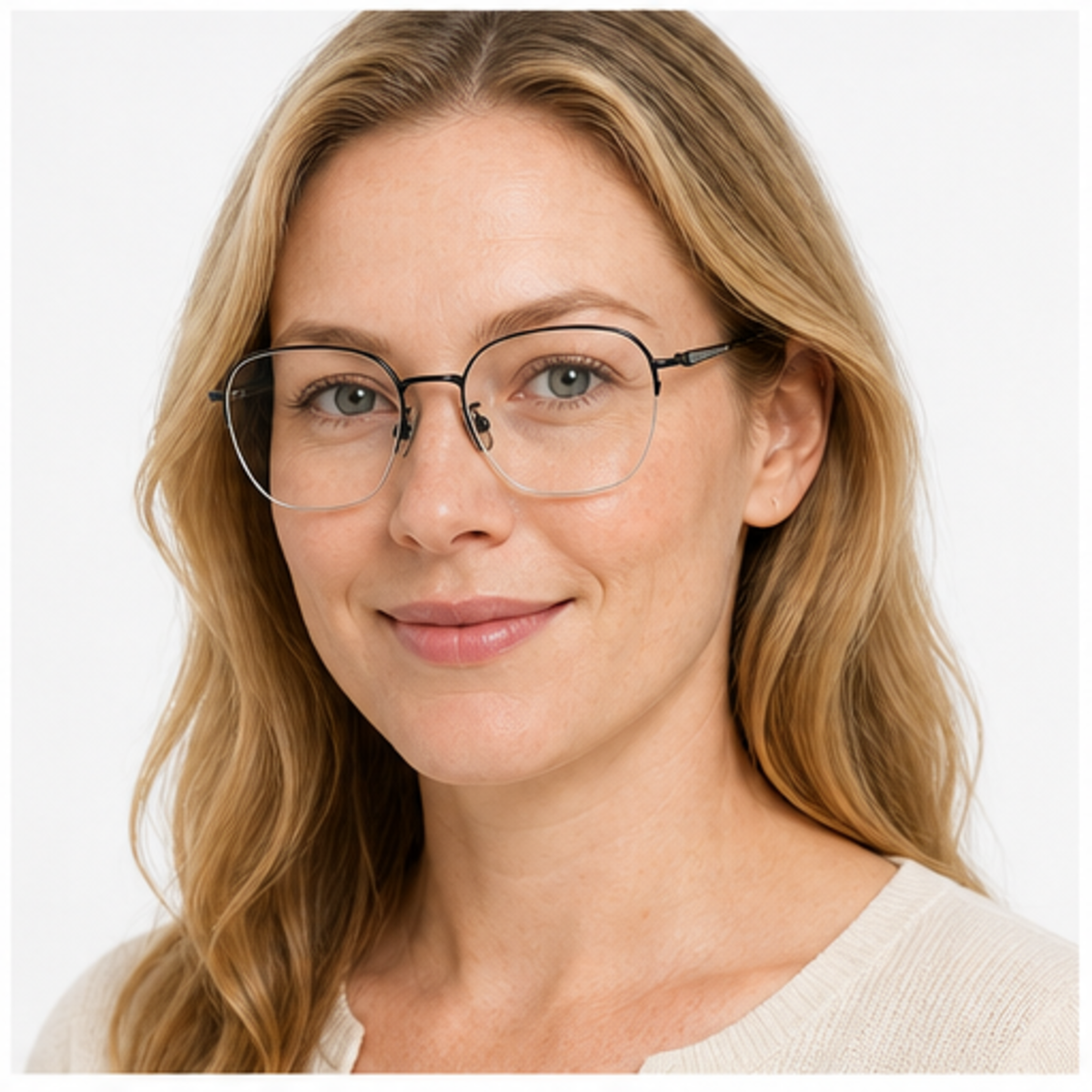 Black women's modern pure titanium semi-rimless glasses worn by an adult White Woman
