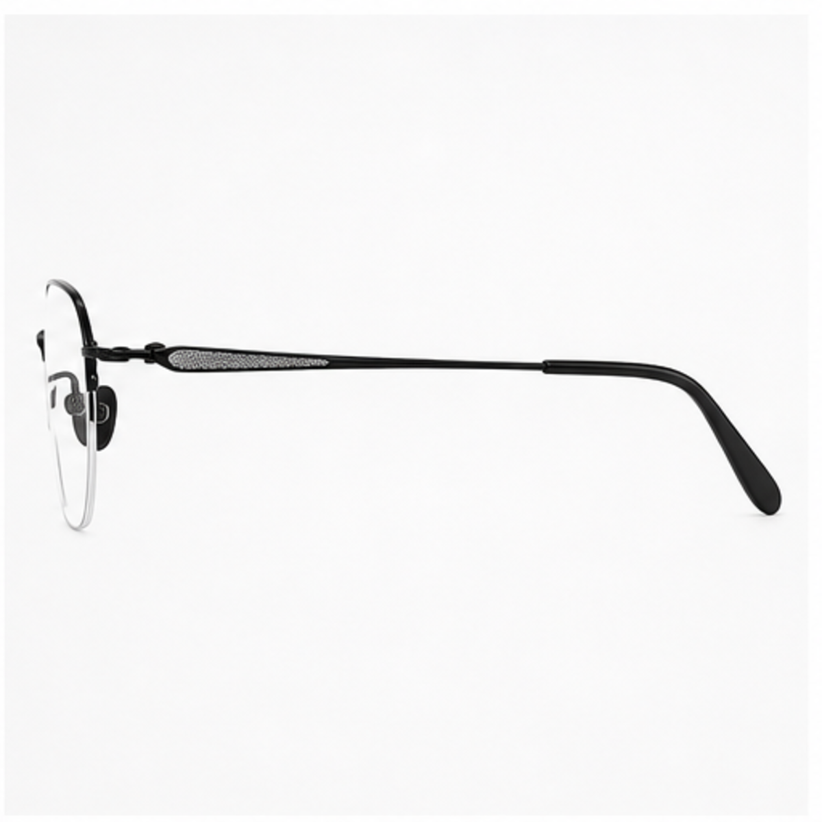Black women's modern pure titanium semi-rimless glasses, side-profile product view