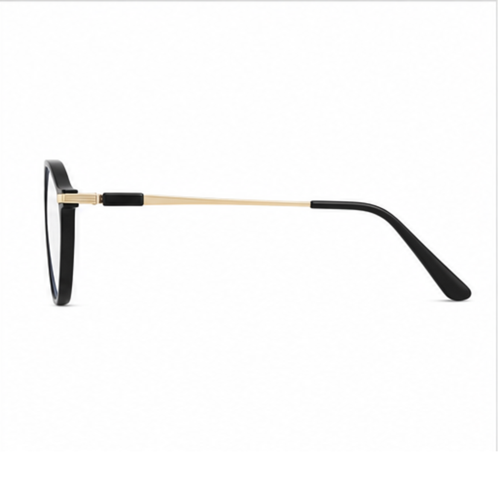Black women's TR90 and alloy rounded-polygon full-rim glasses, side-profile product view