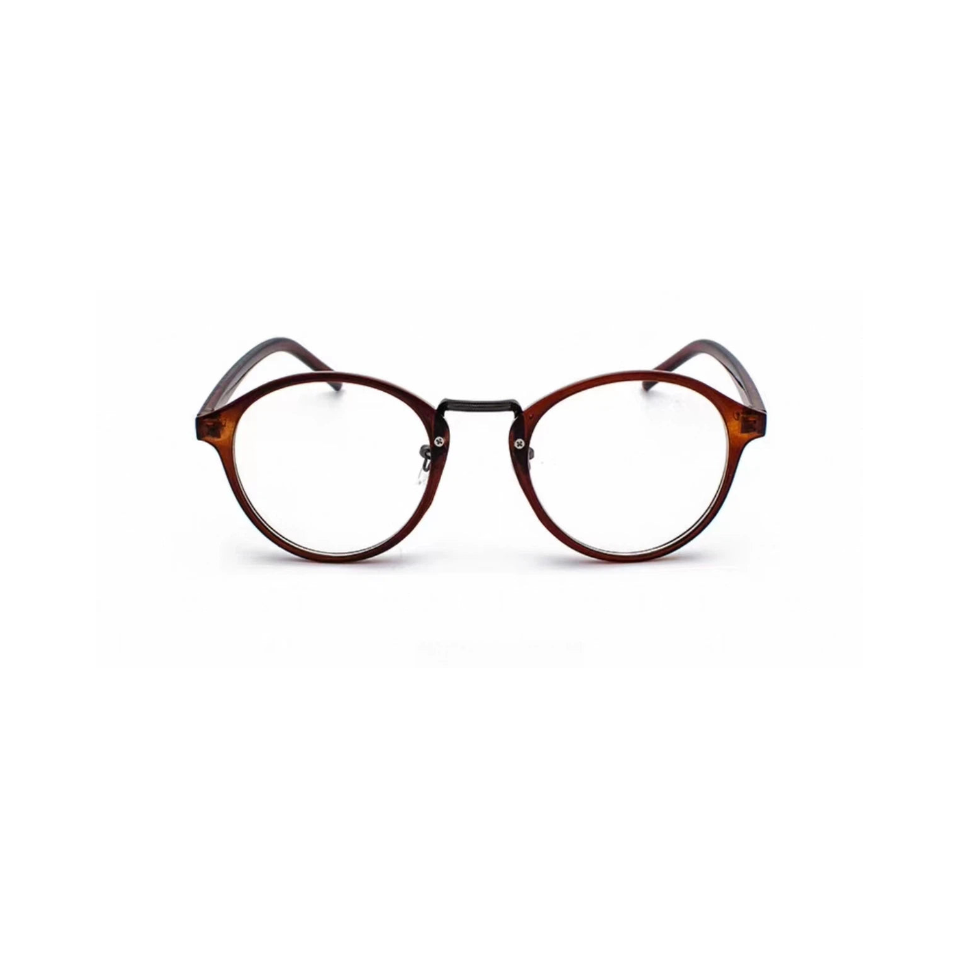 Brown ultra-light round full-rim eyeglass frame, front product view