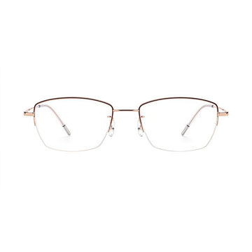 Burgundy/Rose Gold minimalist rectangular titanium semi-rimless glasses, front product view