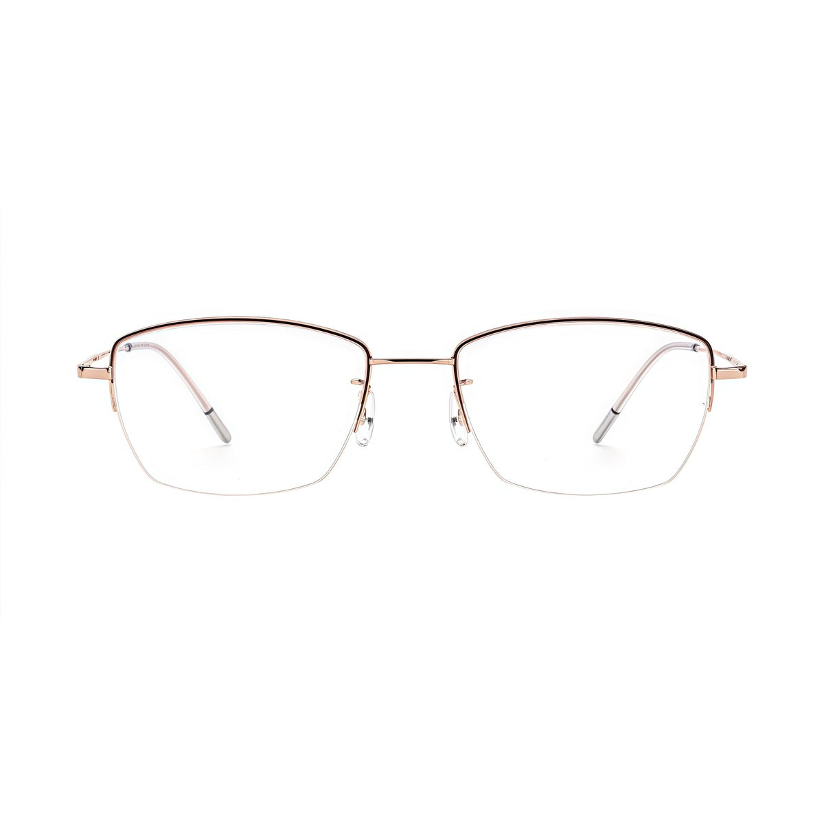 Burgundy/Rose Gold minimalist rectangular titanium semi-rimless glasses, front product view
