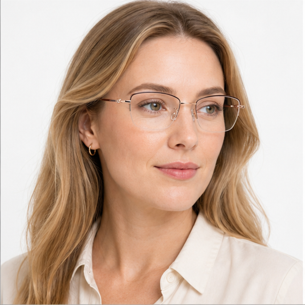Burgundy/Rose Gold minimalist rectangular titanium semi-rimless glasses worn by an adult White Woman