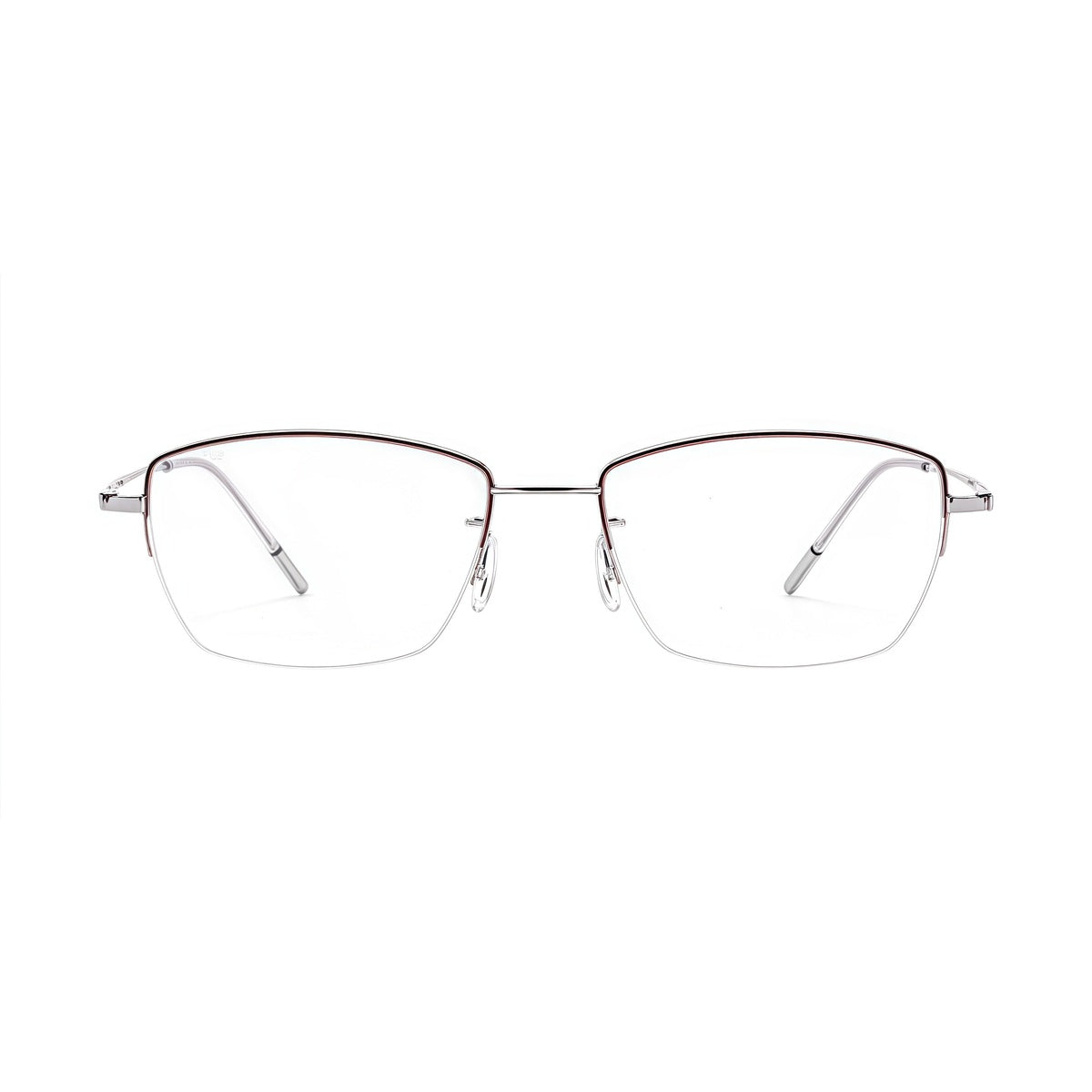 Burgundy/Silver minimalist rectangular titanium semi-rimless glasses, front product view
