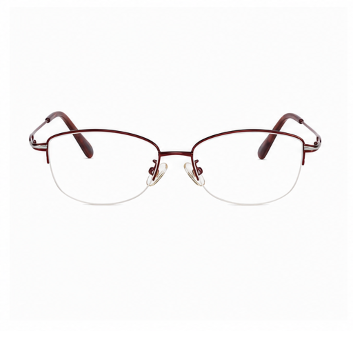 Burgundy women's elegant metal alloy semi-rimless glasses, front product view