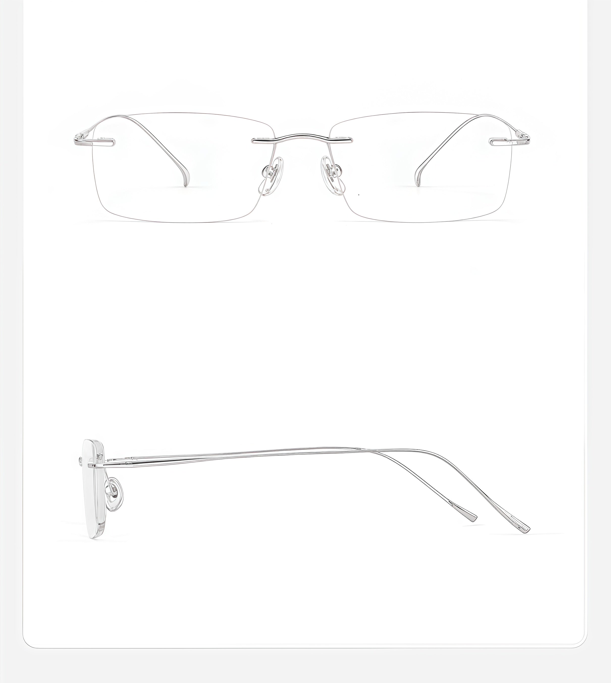 Silver women's titanium rimless rectangular glasses in front and side product views