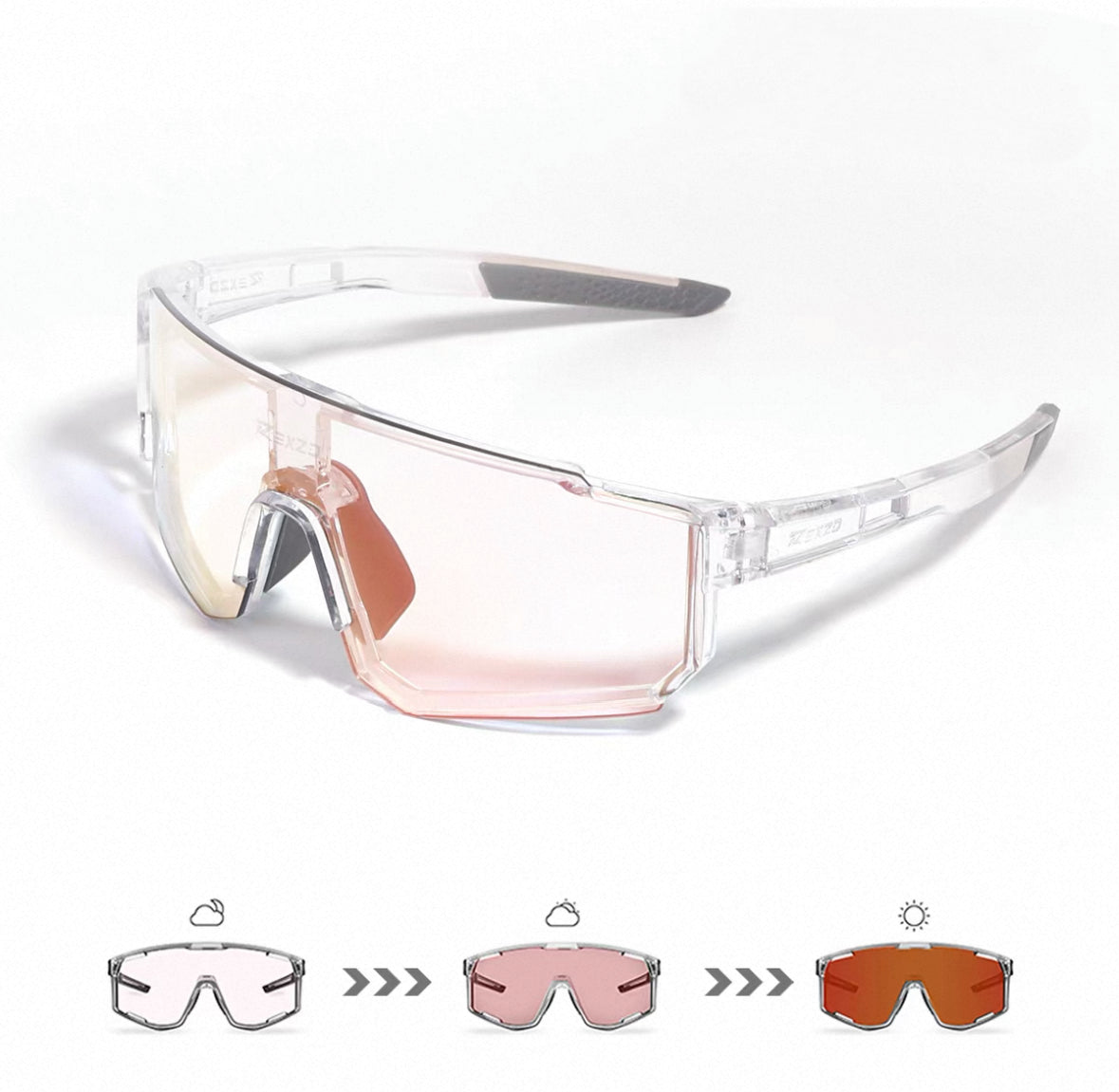 Crystal Clear Frame/Photochromic Red Lens front and 45-degree product views of Wraparound Windproof Dustproof Sports Sunglass