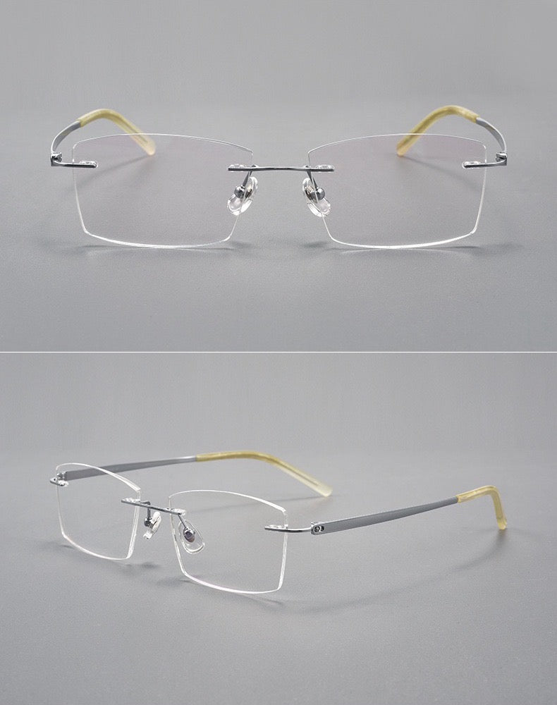 Silver men's titanium rimless rectangular glasses in front and 45-degree product views
