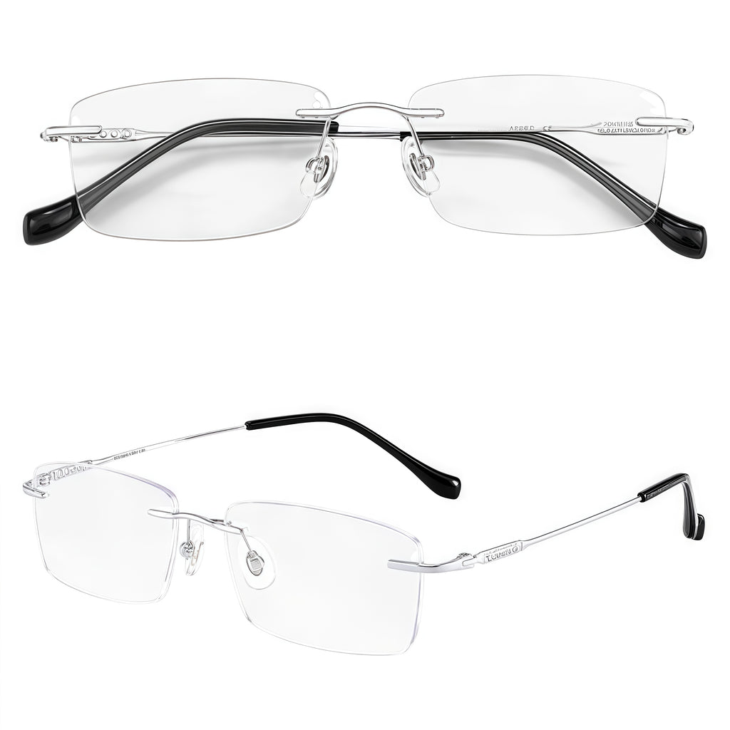 Black/Silver unisex pure titanium rimless slim rectangular eyeglass frames, product view