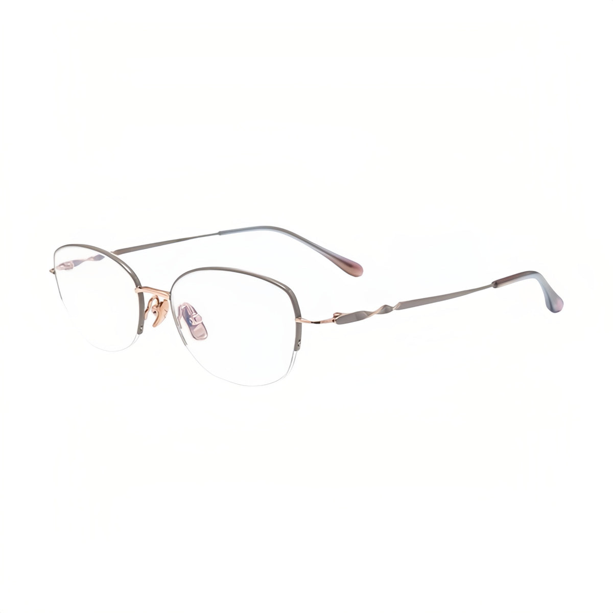 Grey/Rose Gold pure titanium semi-rimless eyeglass frame, 45-degree product view