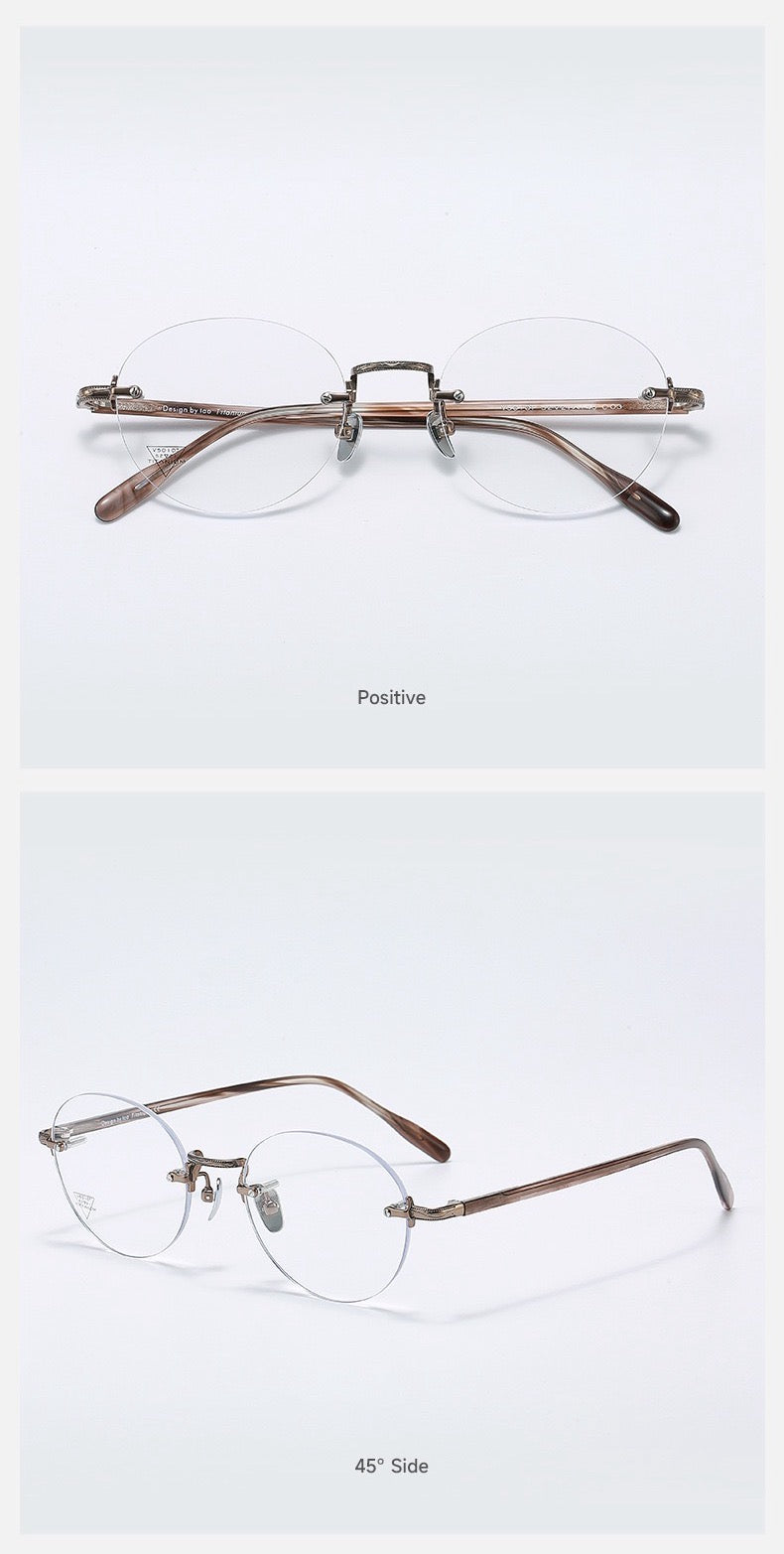 Antique Bronze/Purple Brown women's titanium and acetate rounded geometric rimless eyeglass frames, product views