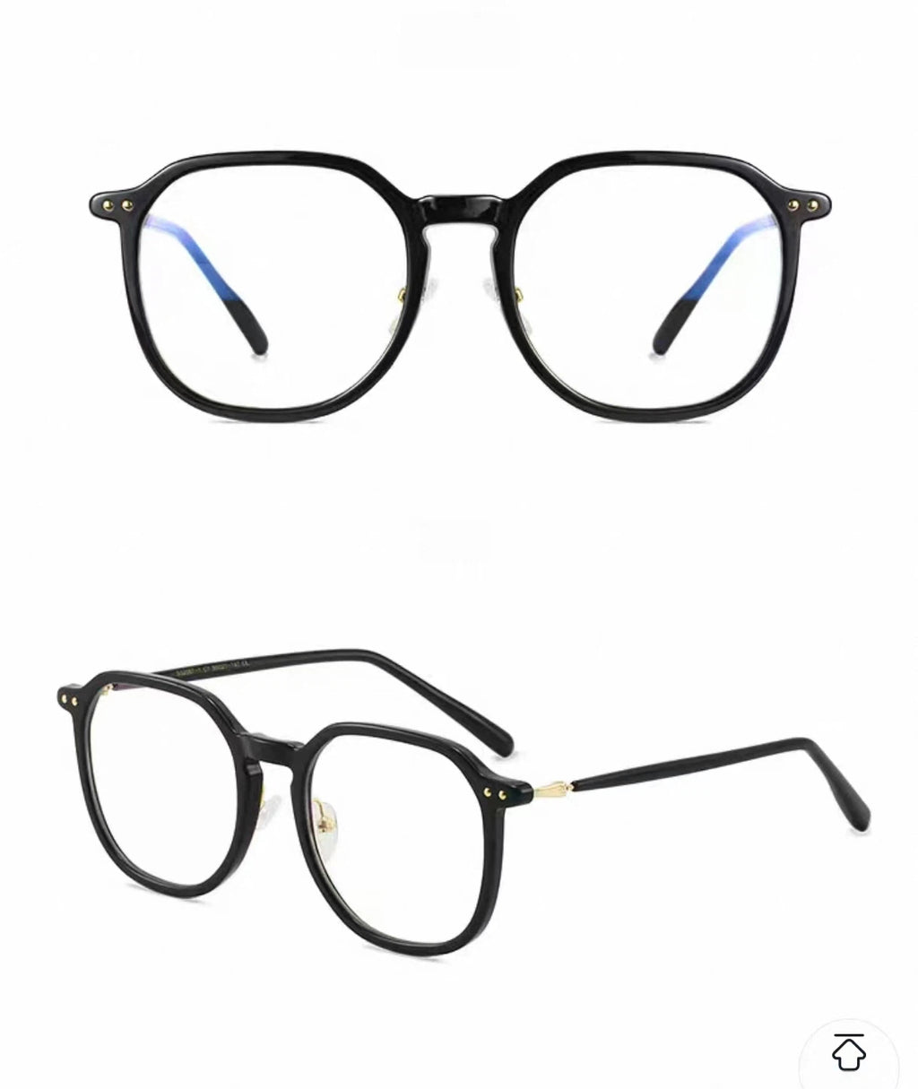Black unisex polycarbonate rounded full-rim glasses, original front-and-45-degree composite detail