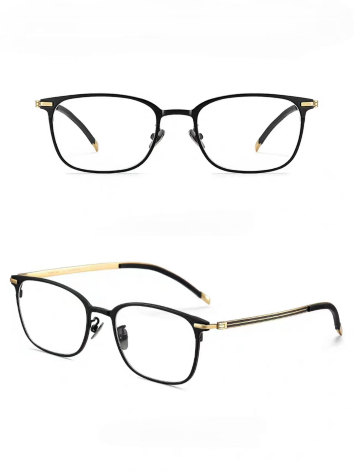 Black&Gold men's ultralight titanium-alloy shallow square glasses, supplier front and 45-degree composite detail