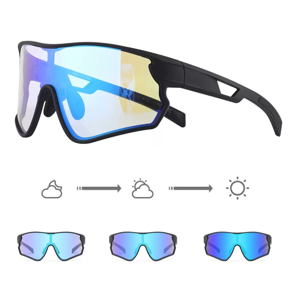 Matte Black Frame/Photochromic Blue Mirror Lens unisex tr wraparound shield sunglasses, 45-degree view