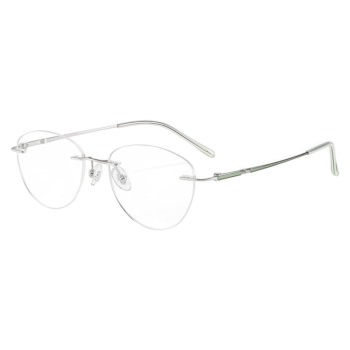 Green and Silver women's pure titanium rimless rectangular glasses, 45-degree product view