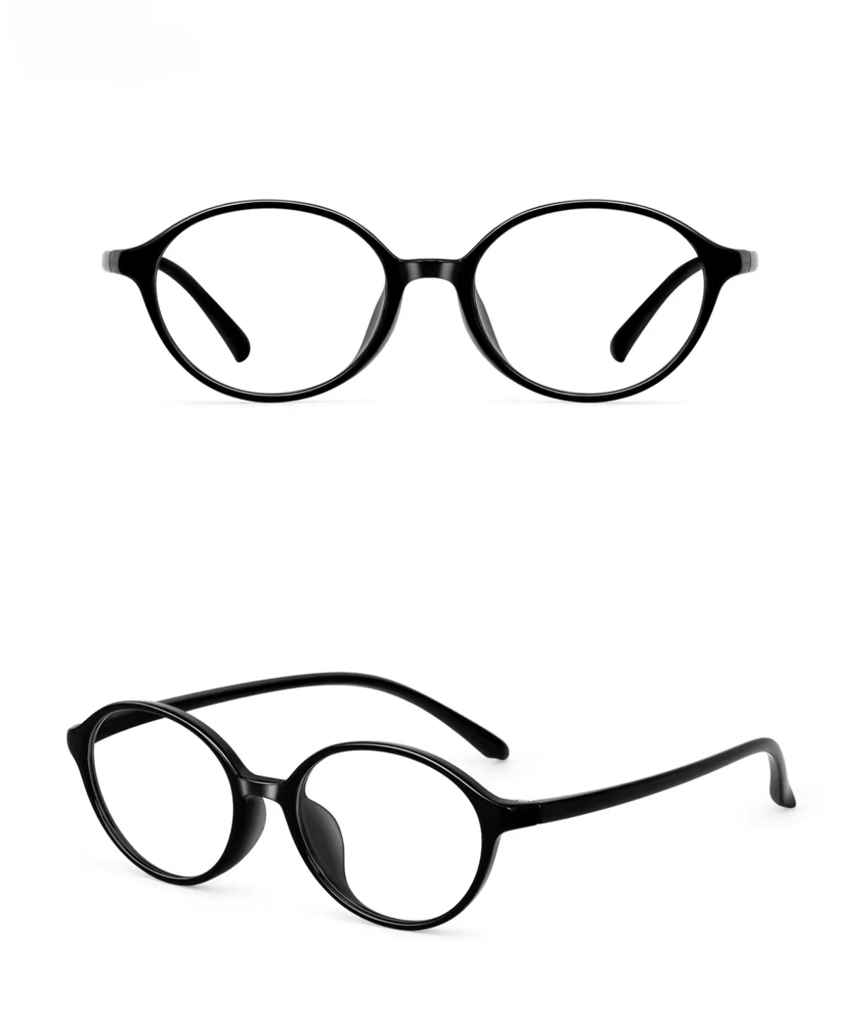 Glossy Black small oval TR90 eyeglass frame, front and 45-degree product views