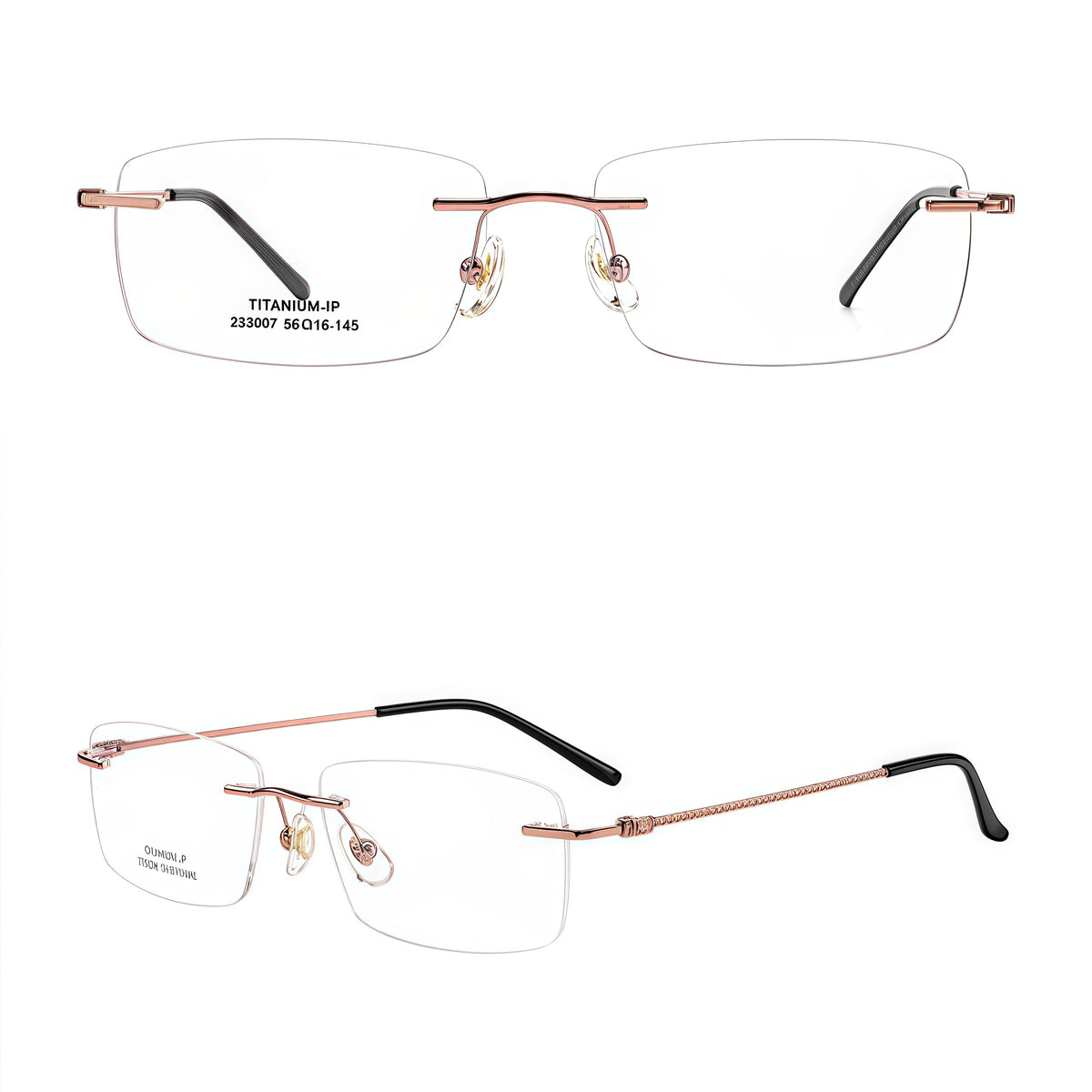 Rose Gold semi-titanium rimless glasses, front and 45-degree composite detail