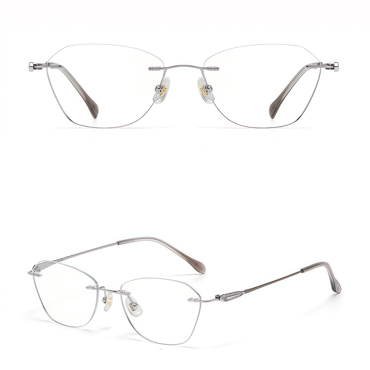 Silver women's titanium rimless leaf-filigree glasses, front and 45-degree composite