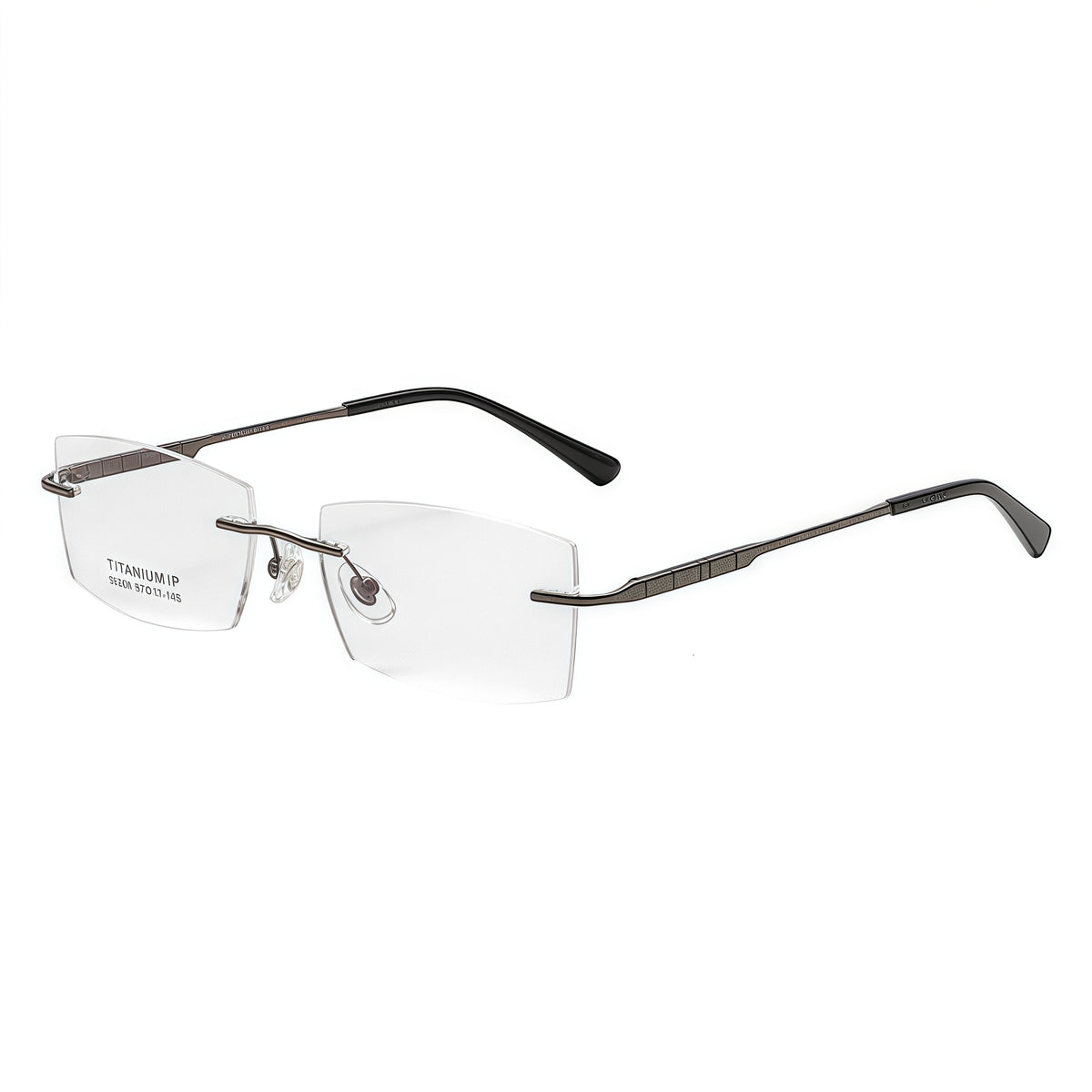 Gunmetal men pure titanium narrow rectangular rimless eyeglasses, 45-degree view
