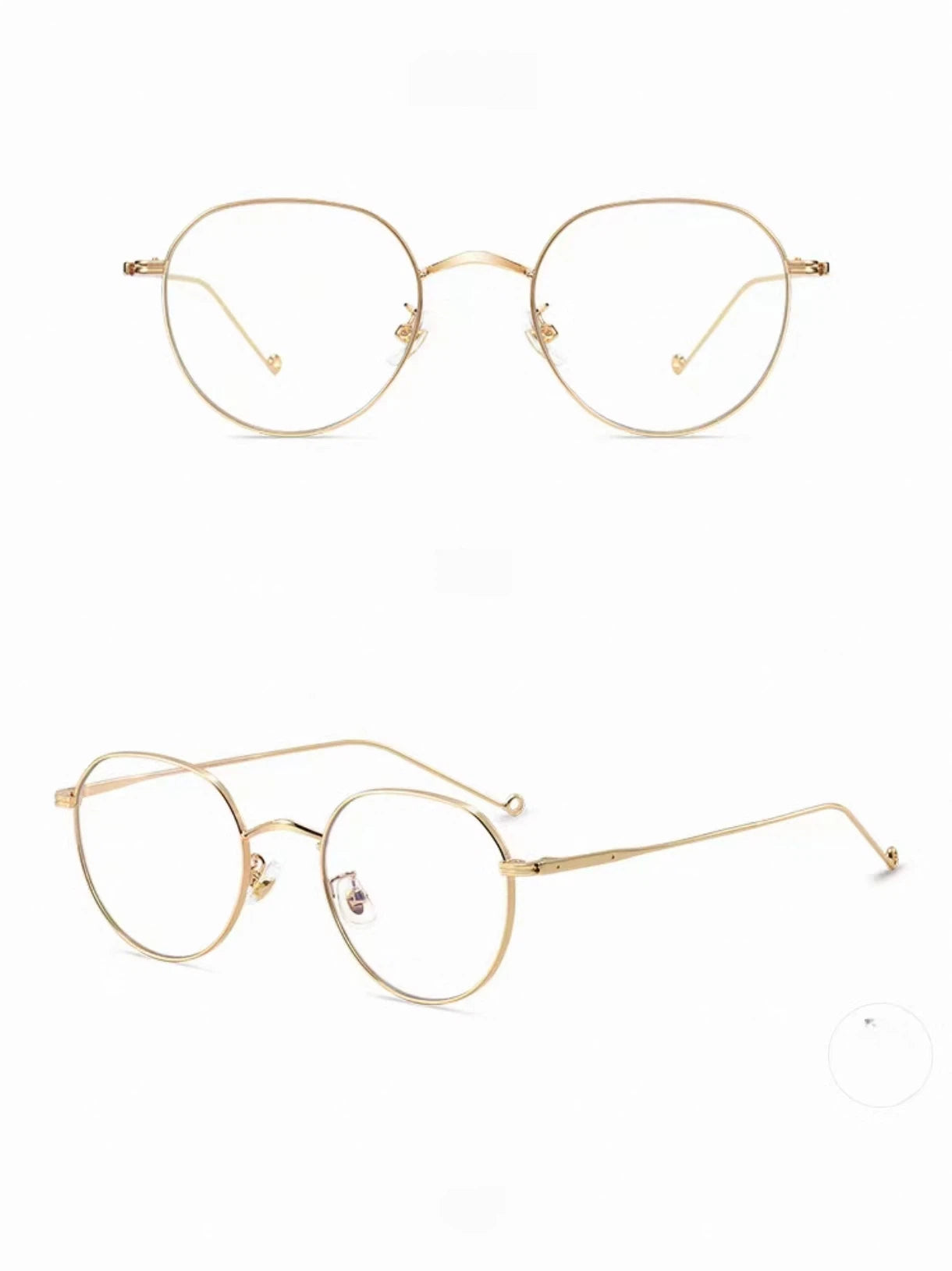 Gold small-fit wire full-rim glasses, original front and 45-degree views