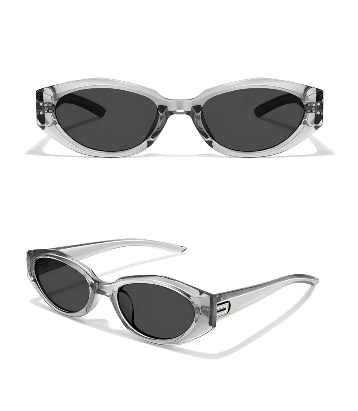 Women’s Gray full-rim small cat-eye sunglasses, front and three-quarter views