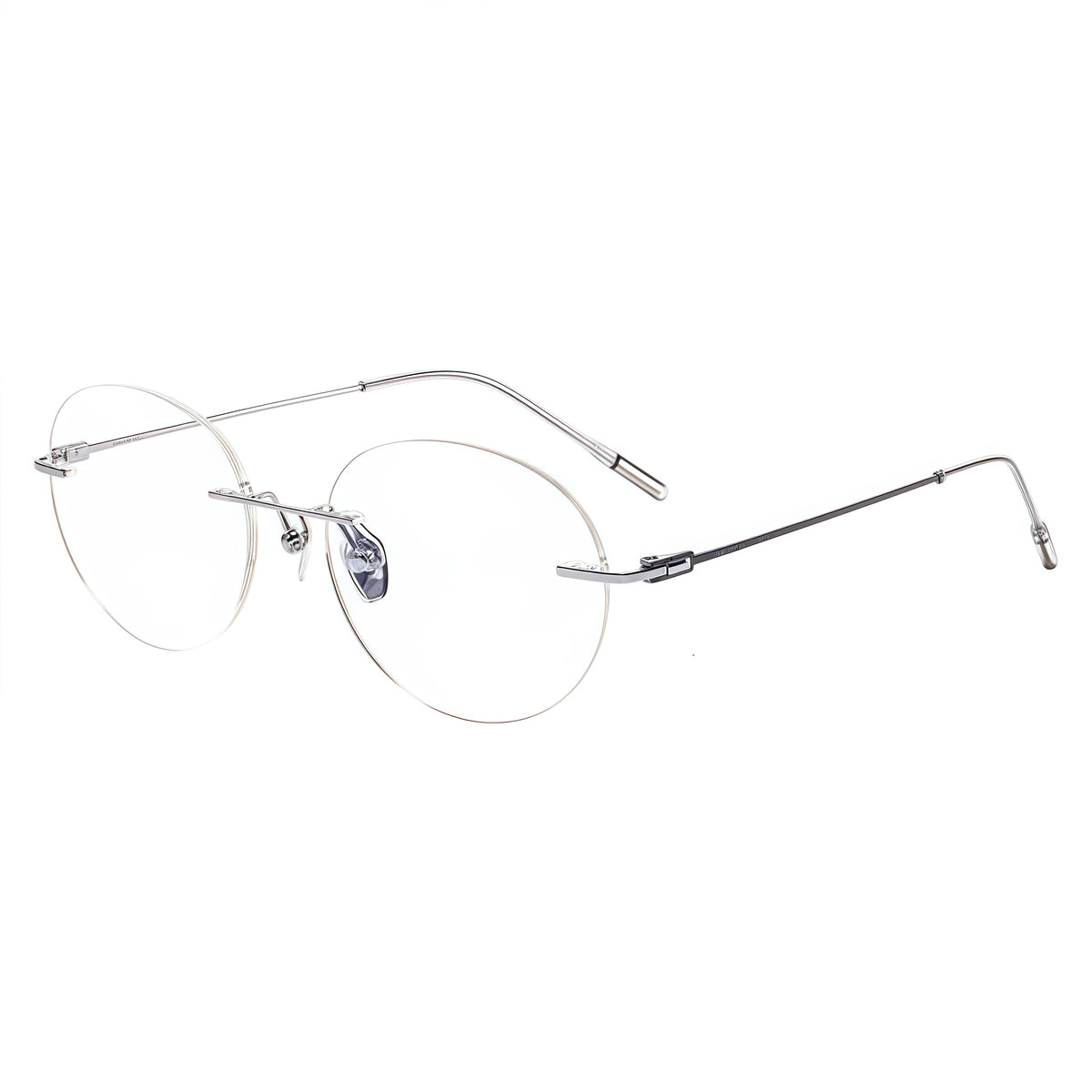 Black/Silver rimless oval titanium eyeglass frames, supplier front and angle reference