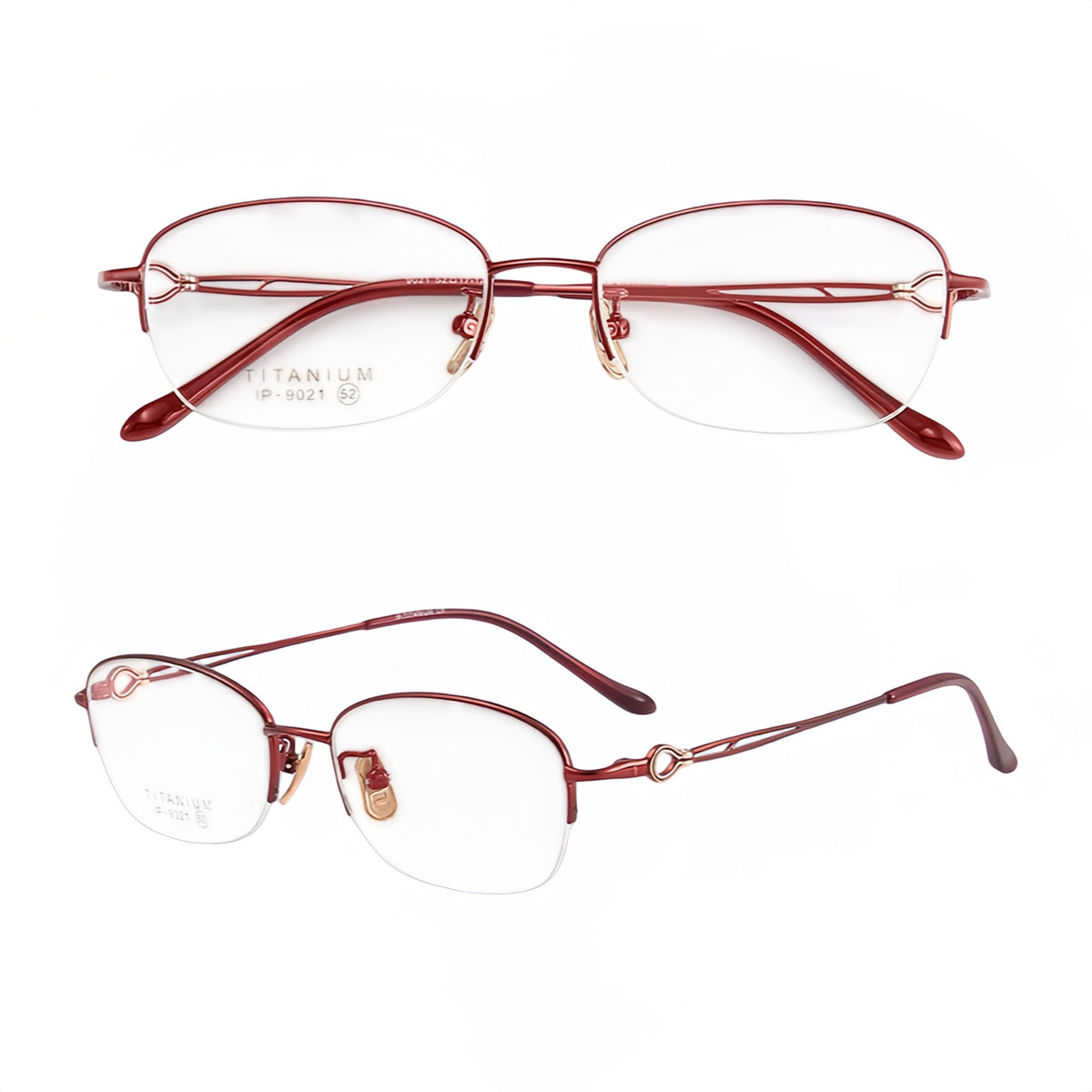 Burgundy women's vintage minimalist pure-titanium semi-rimless glasses, original front and 45-degree detail