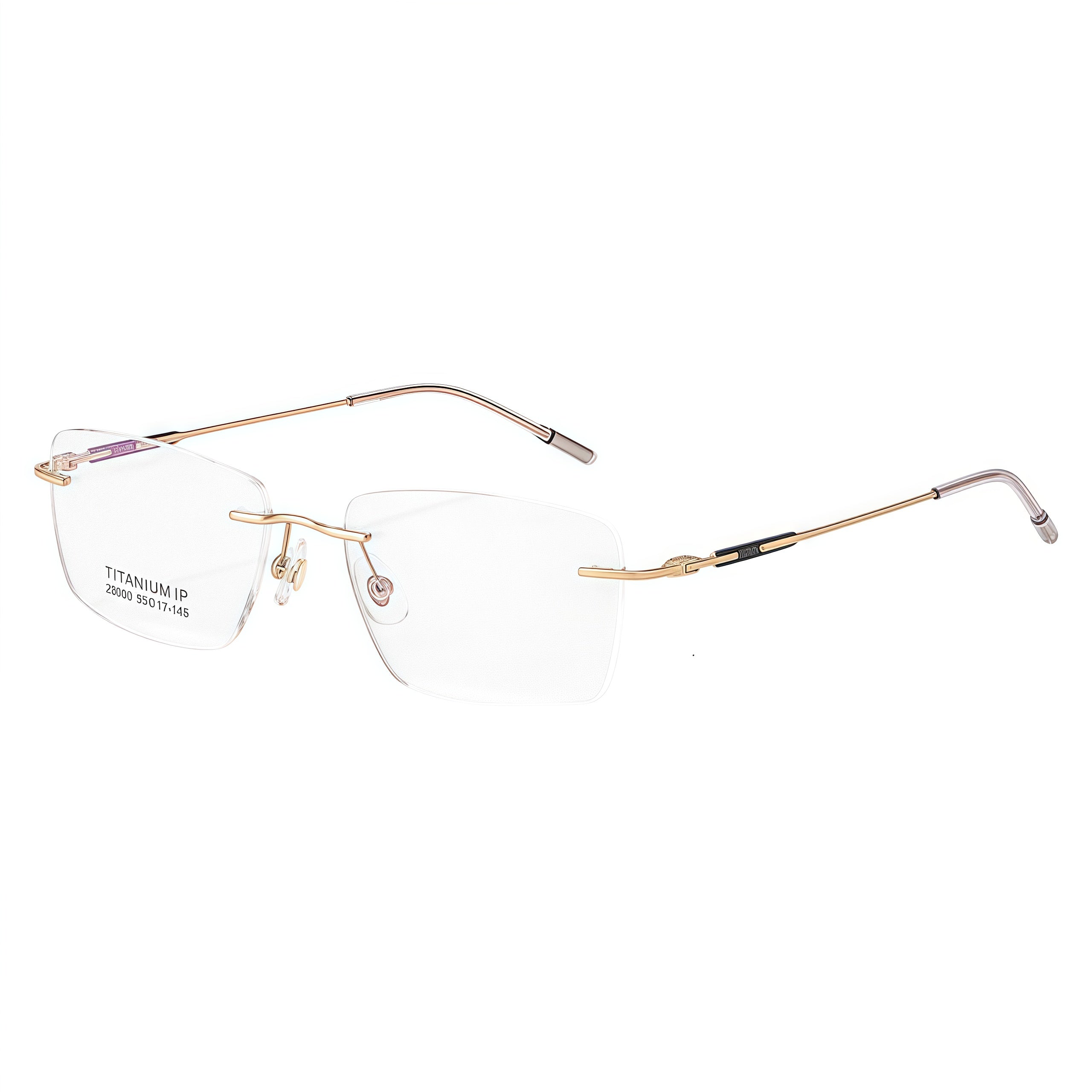 Gold unisex titanium rimless narrow rectangular eyeglass frames, product view