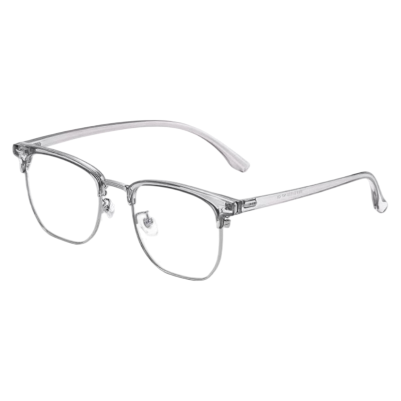 Crystal Grey and Gunmetal contemporary round-square browline profile semi-rimless eyeglass frame, three-quarter product view