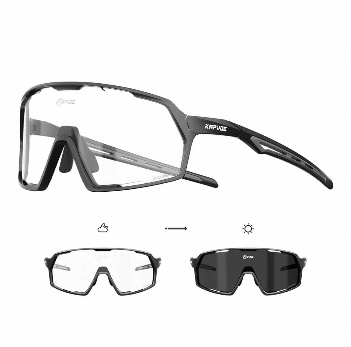 Black Frame/Photochromic Grey Lens 45-degree product view of Protective Windproof Outdoor Sports Glasses