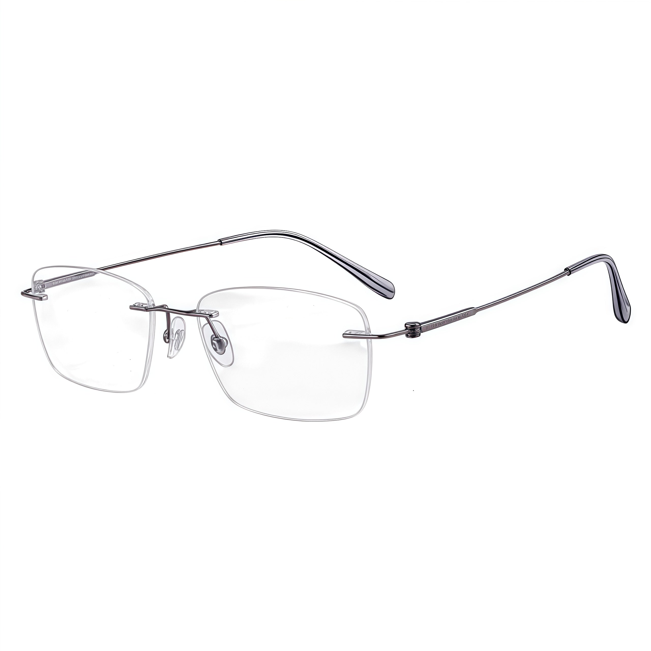 Gunmetal unisex pure titanium rimless rectangular glasses, supplier front and three-quarter views