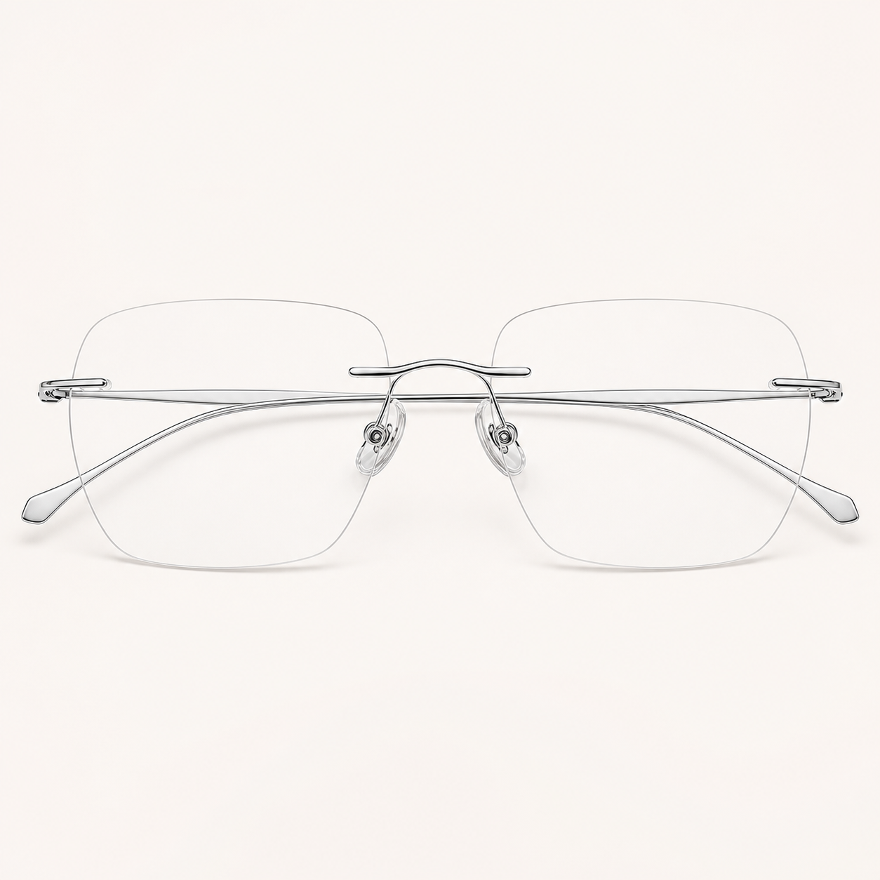 Silver titanium rimless soft-square eyeglasses, straight-on product view