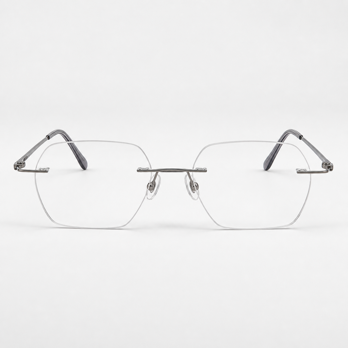 Gunmetal Blue pure titanium rimless geometric rectangular eyeglasses, straight-on product view