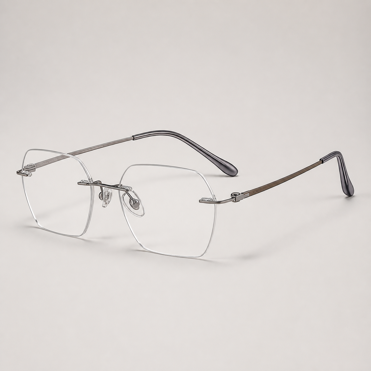 Gunmetal Brown Grey pure titanium rimless geometric rectangular eyeglasses, 45-degree product view