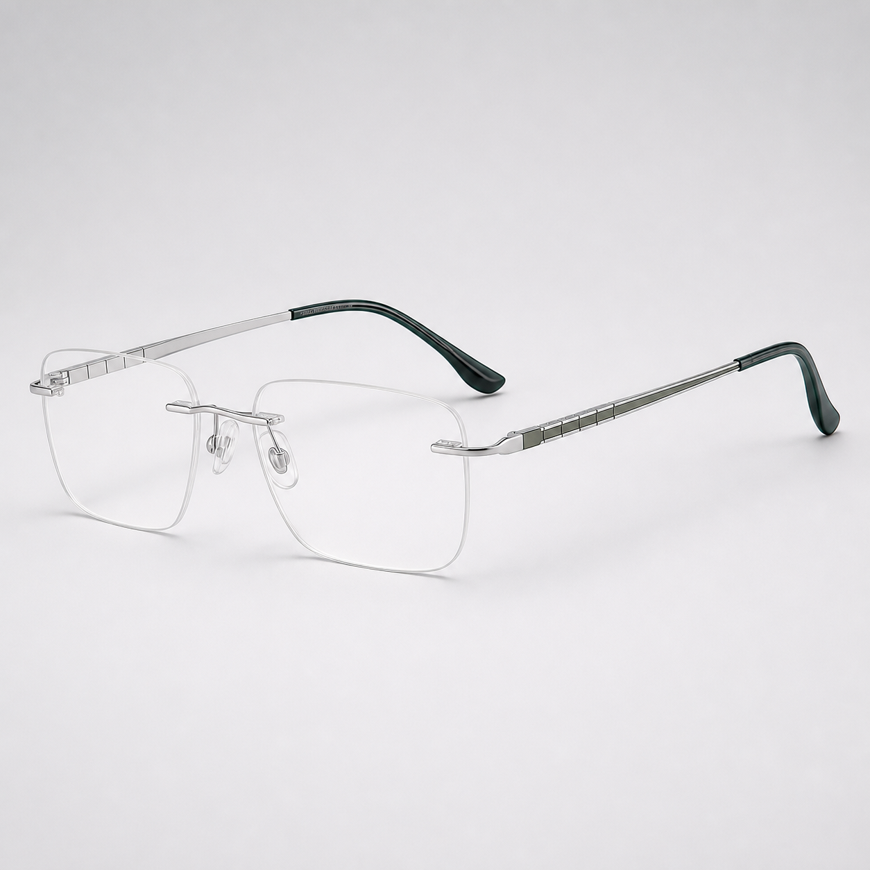Silver/Dark Green pure titanium rimless rectangular eyeglasses, 45-degree product view