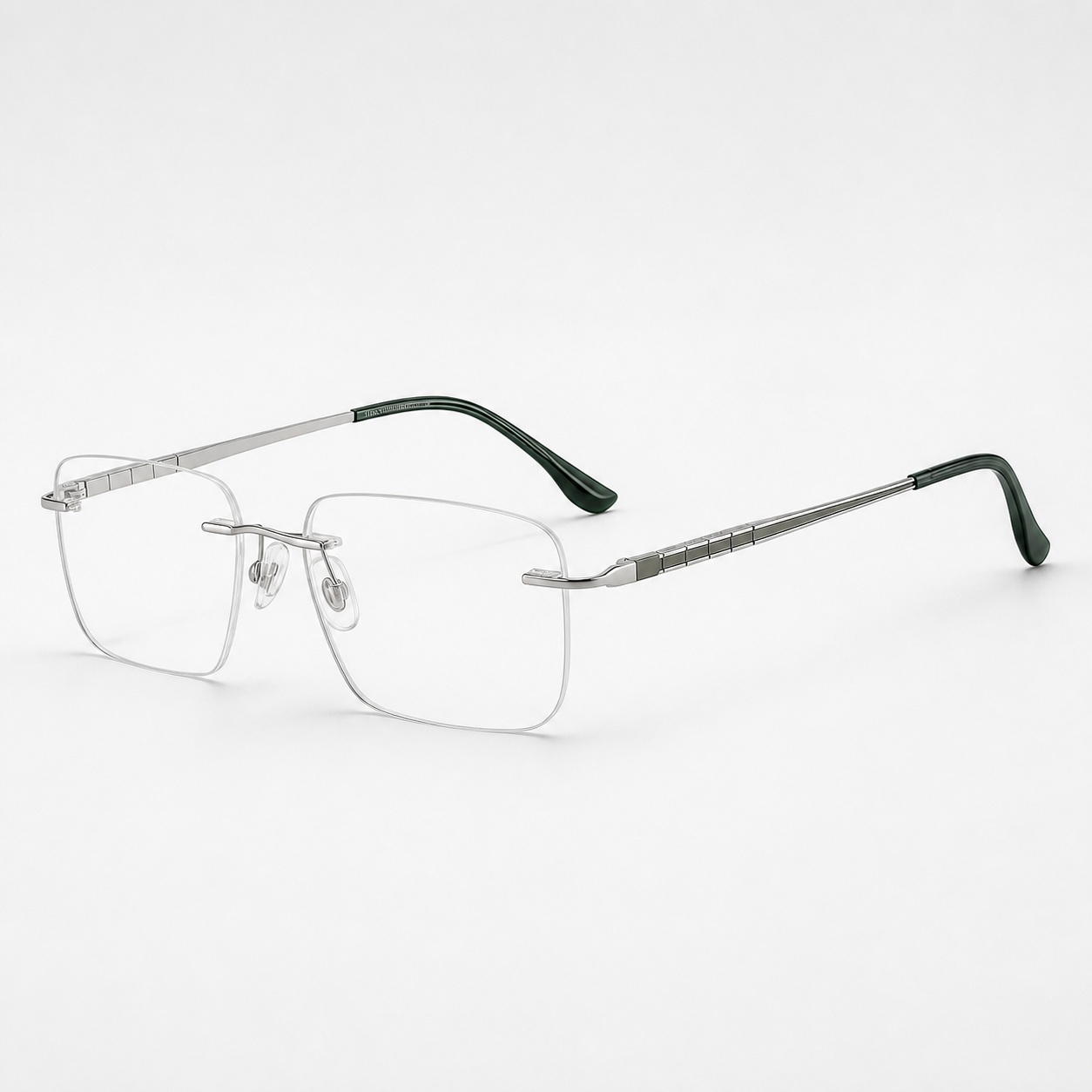 Silver/Dark Green pure titanium rimless rectangular eyeglasses, straight-on product view