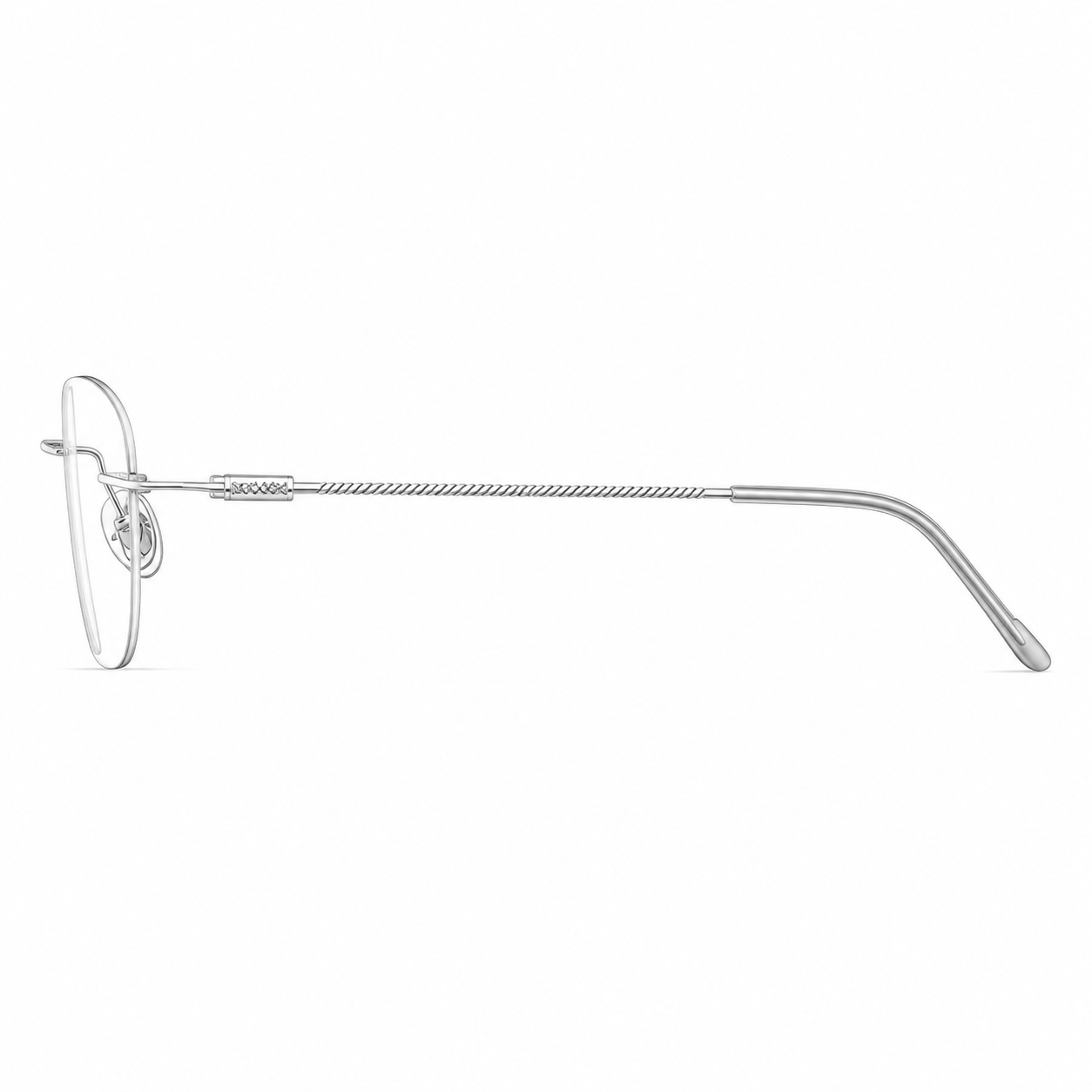 Silver pure titanium rimless oval eyeglasses, side-profile product view