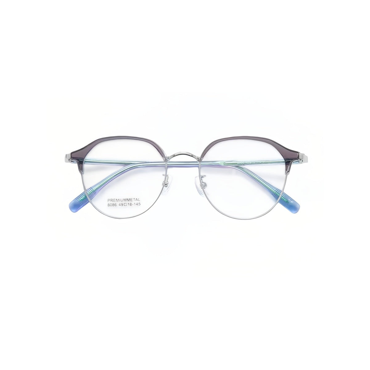 Crystal Grey/Silver/Laser Purple vintage casual rounded semi-rimless browline glasses, front product view