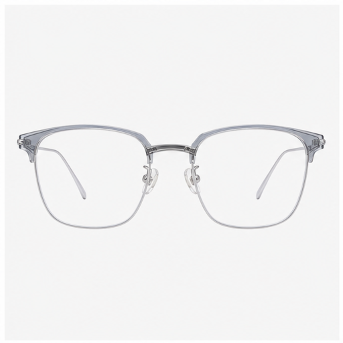 Crystal Grey/Silver classic avant-garde angular semi-rimless browline glasses, front product view