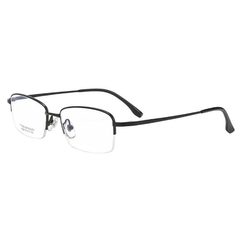 Black classic business rectangular profile semi-rimless eyeglass frame, three-quarter product view