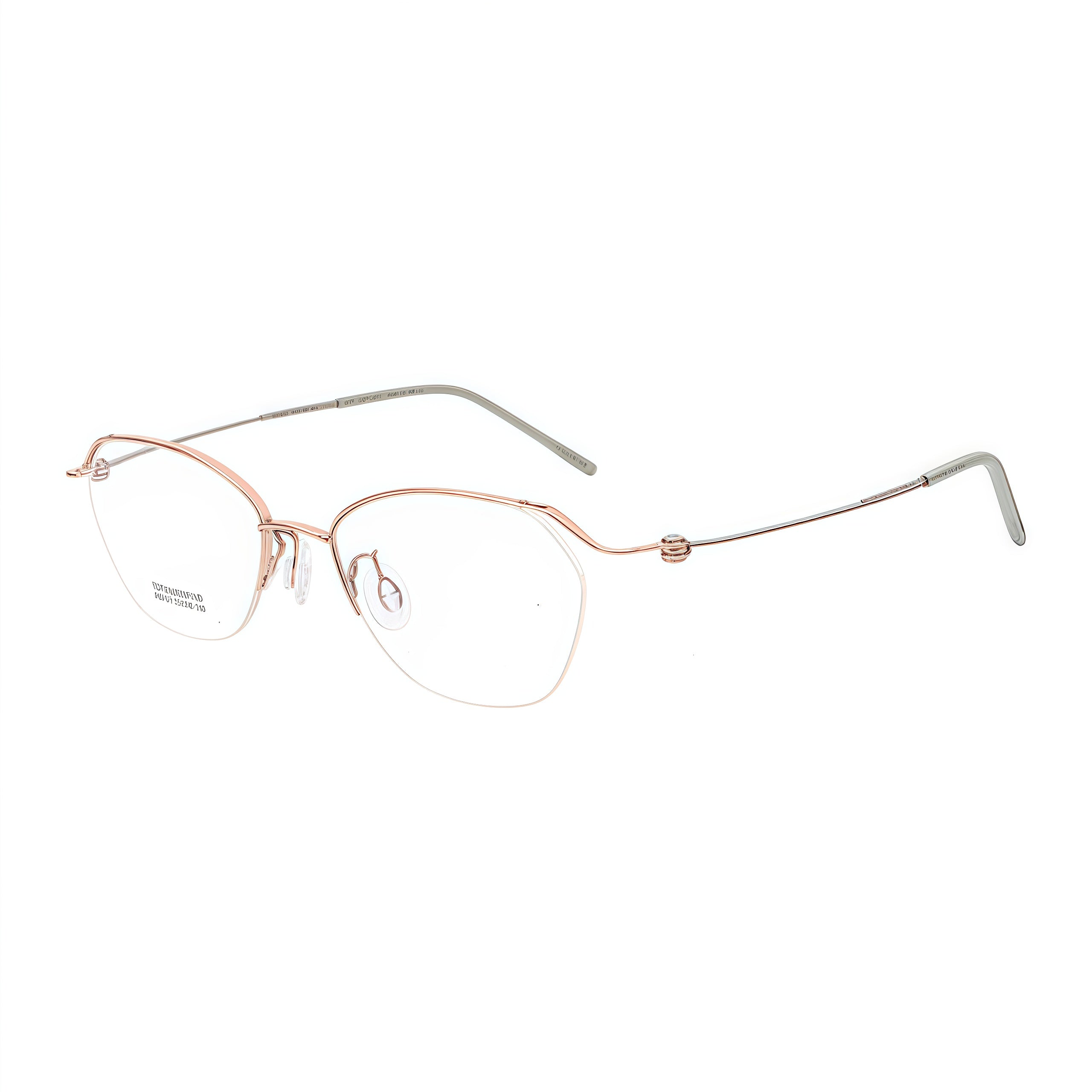 Rose-gold and grey pure-titanium semi-rimless glasses, 45-degree product view
