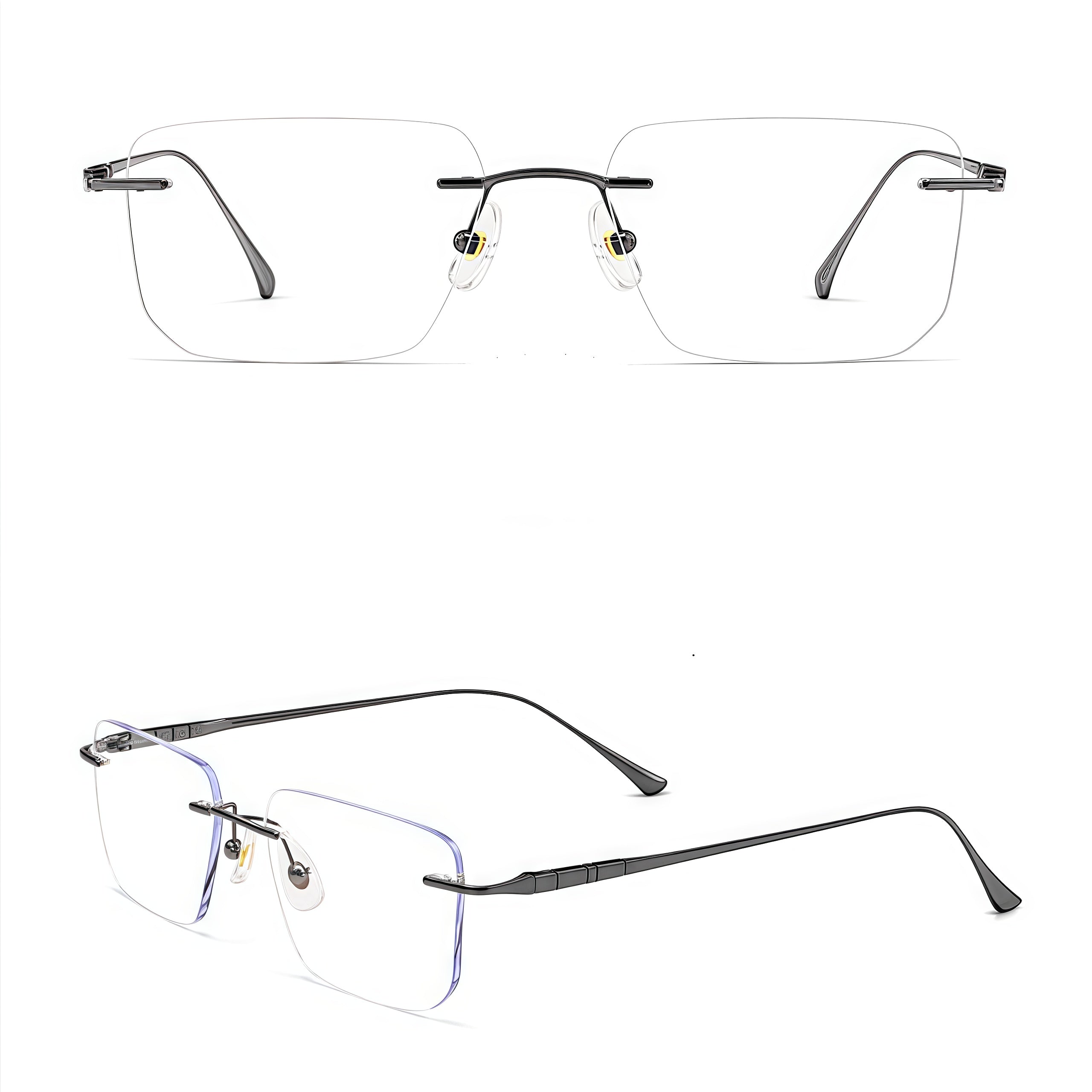 Gold men's rectangular titanium blend rimless glasses, product view