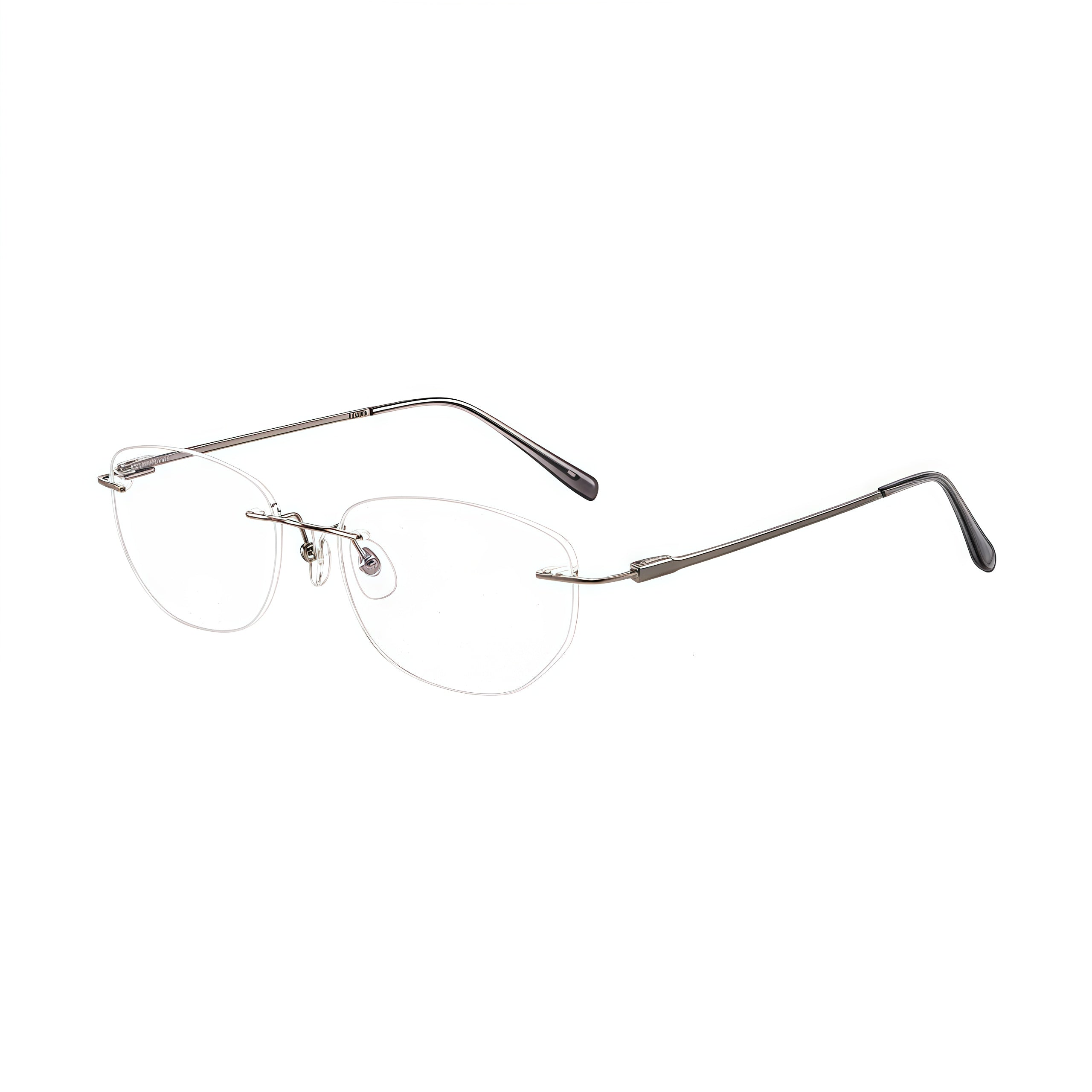 Gunmetal rimless round titanium eyeglass frames, supplier front and angle reference